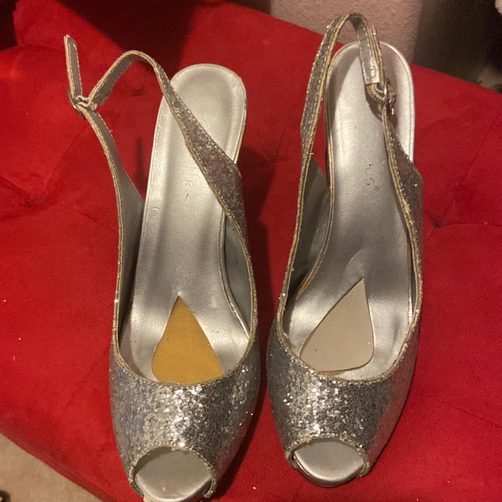 4 “ silver heels with peep toe. Perfect for the holidays!